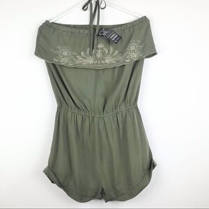 NEW Akualani Olive Green Sleeveless Halter Romper with Embroidery